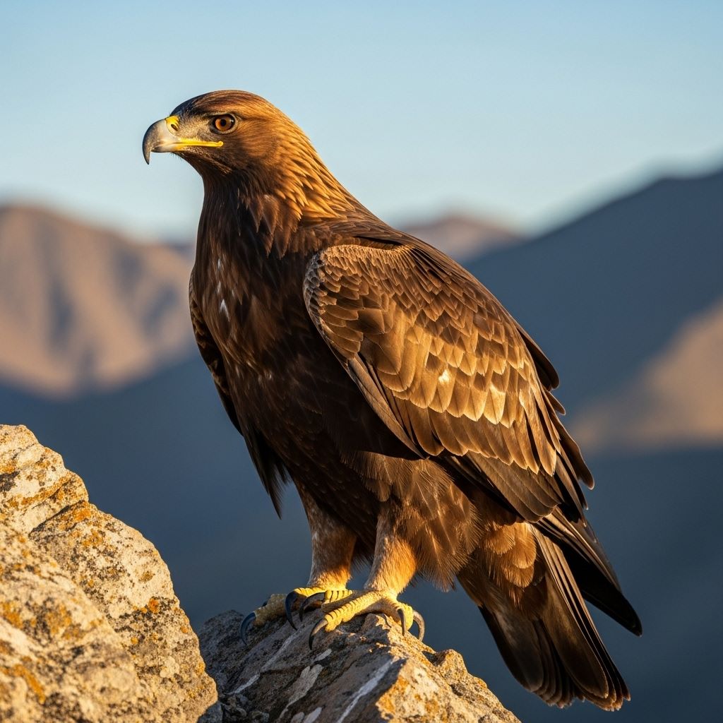 Ilustración — águila real adulta perchada en acantilado con sierra al fondo